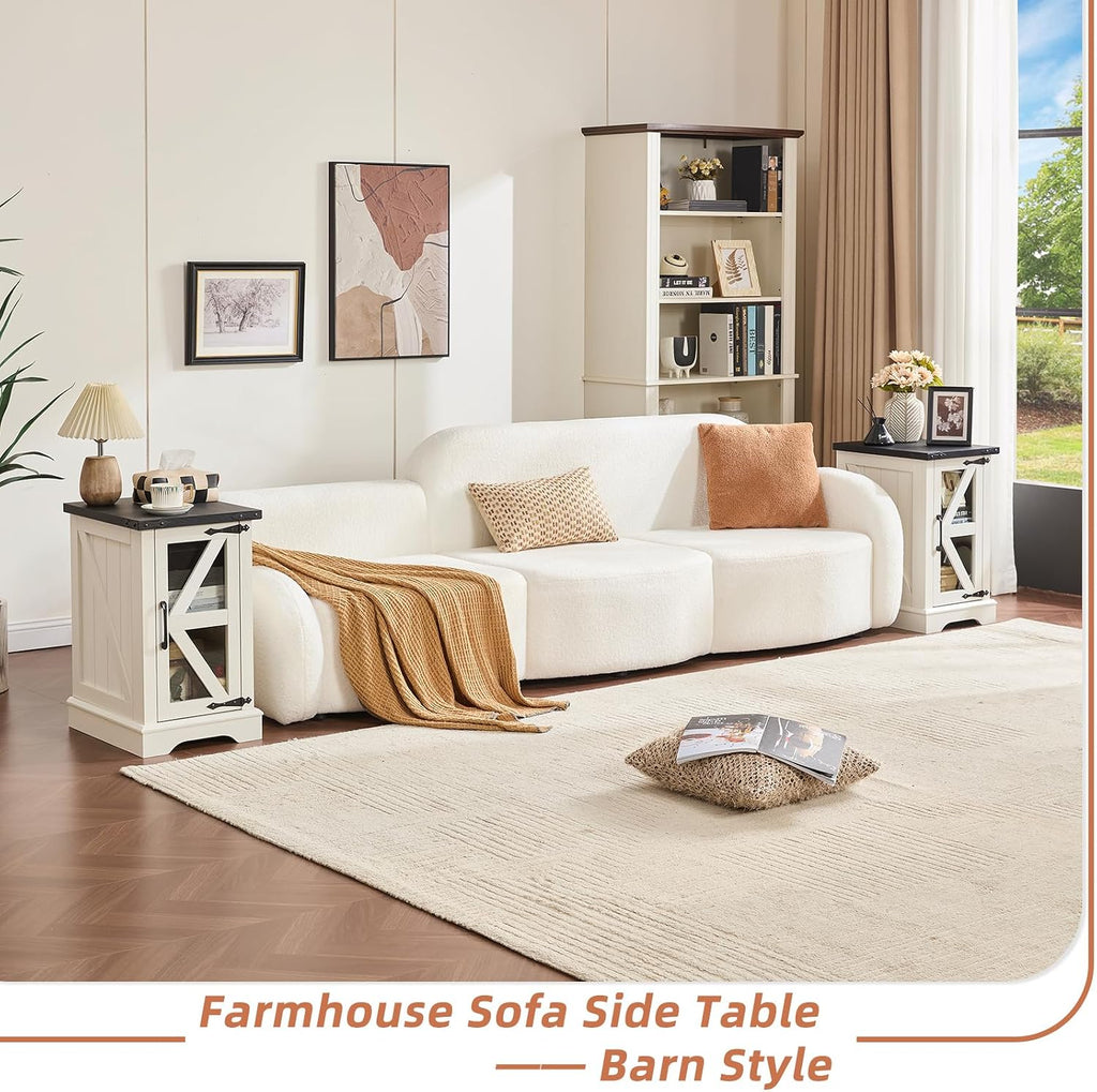 Joaxswe Farmhouse End Table Set 2, Narrow 18'' Night Stand with Glass Barn Door, 24" Square Side Table with Charger Station, Living Room Furniture Sets, Wood Nightstand Bedside Tables for Bedroom