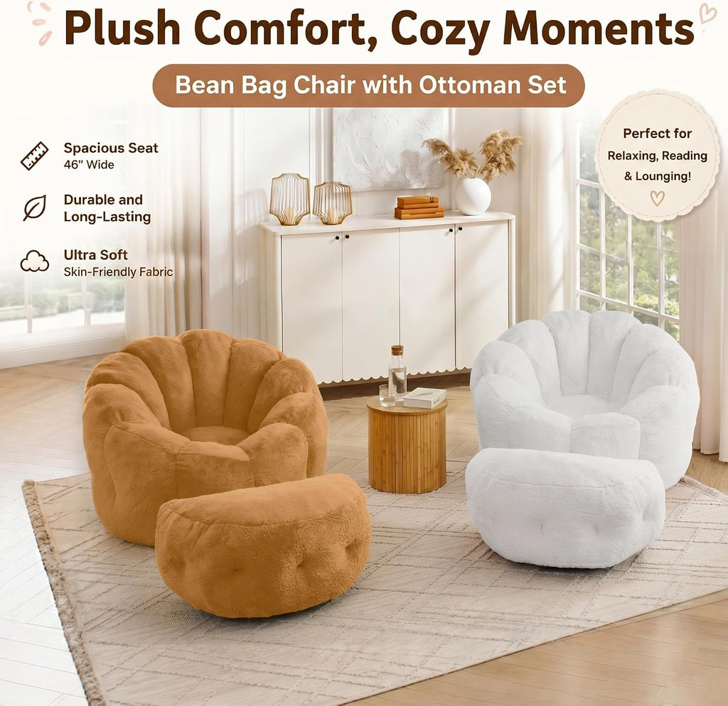 Mofolit 46" Oversized Flower Bean Bag Chair with Ottoman for Adults,Large Cozy Beanbag Chair with Artificial Rabbit Fur Fabric,Boneless Sofa for Living Room,Reading Room and Apartment.(Cream)
