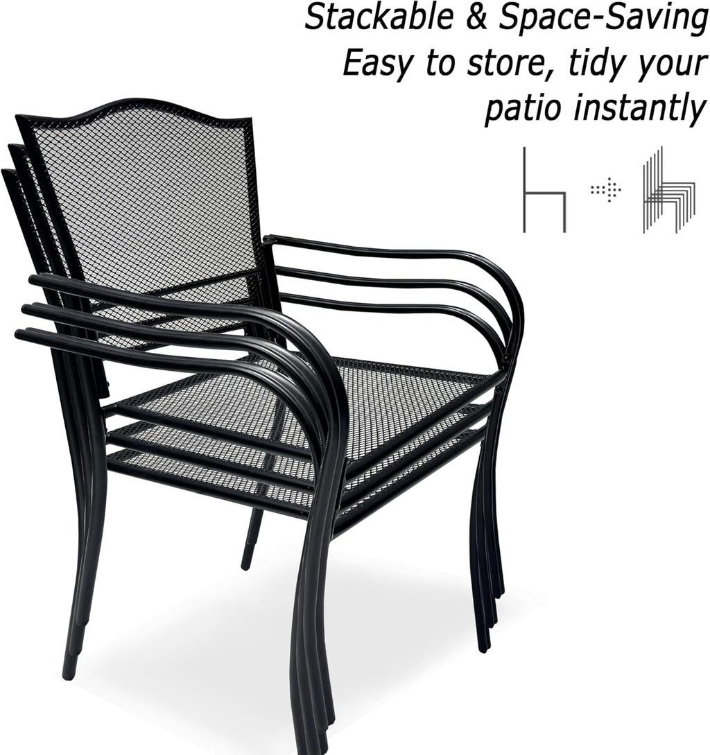 Patio Dining Chairs Set of 4, Black Stackable Outdoor Dining Chairs, Metal Mesh Patio Furniture Set for Garden Backyard Lawn Deck Support Over 300 lbs