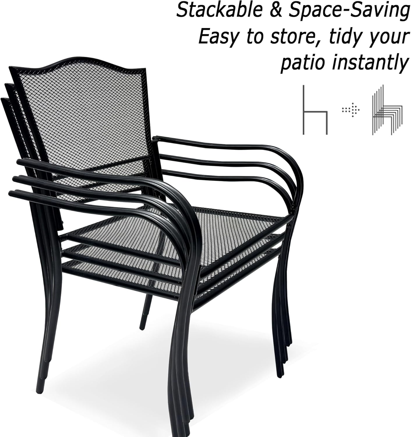 Patio Dining Chairs Set of 4, Black Stackable Outdoor Dining Chairs, Metal Mesh Patio Furniture Set for Garden Backyard Lawn Deck Support Over 300 lbs