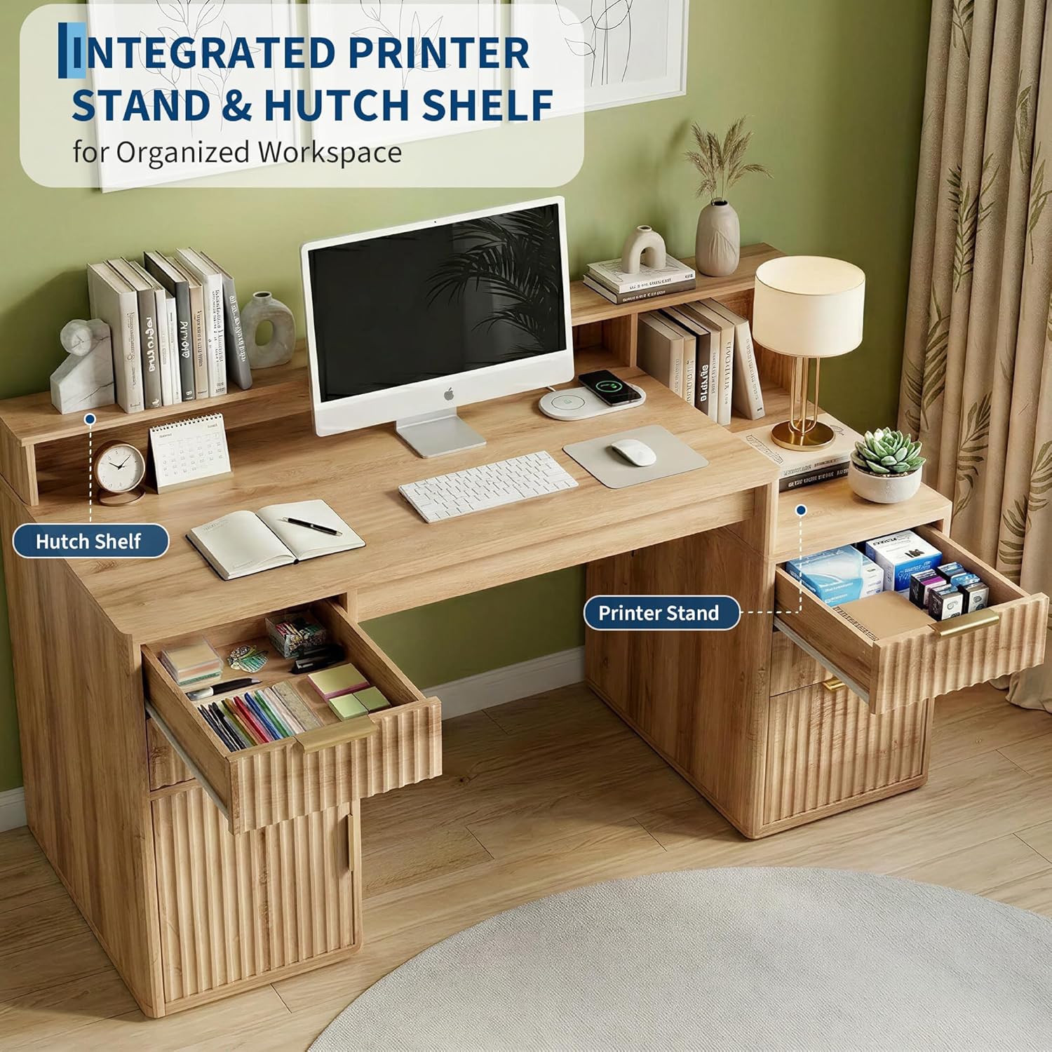 IDEALHOUSE Rectangular Computer Desk with Hutch & Printer Stand, Ripple Door Storage Home Office Desk, Space-Saving Study Writing Desk for Bedroom, Sturdy Board Student Desk with Easy Assembly