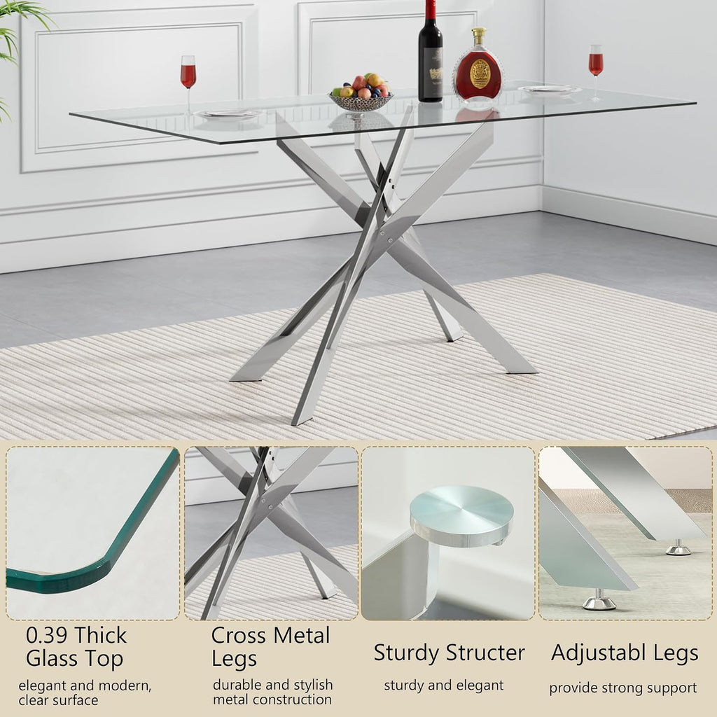 HomVent 5 Piece Rectangular Glass Dining Table Set, Tempered Glass Dinner Table Set for 4 Kitchen Table Set with 4 Velvet Upholstered Chairs for Kitchen Dining Room