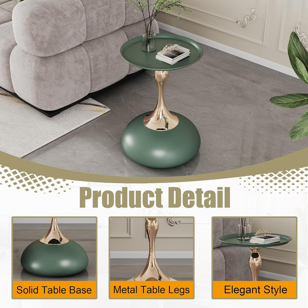 Green Round Side Table for Small Spaces, Small End Table with Metal Pedestal, Minimalist Corner Accent Table for Sofa, Bedroom, Living Room, Easy Assembly