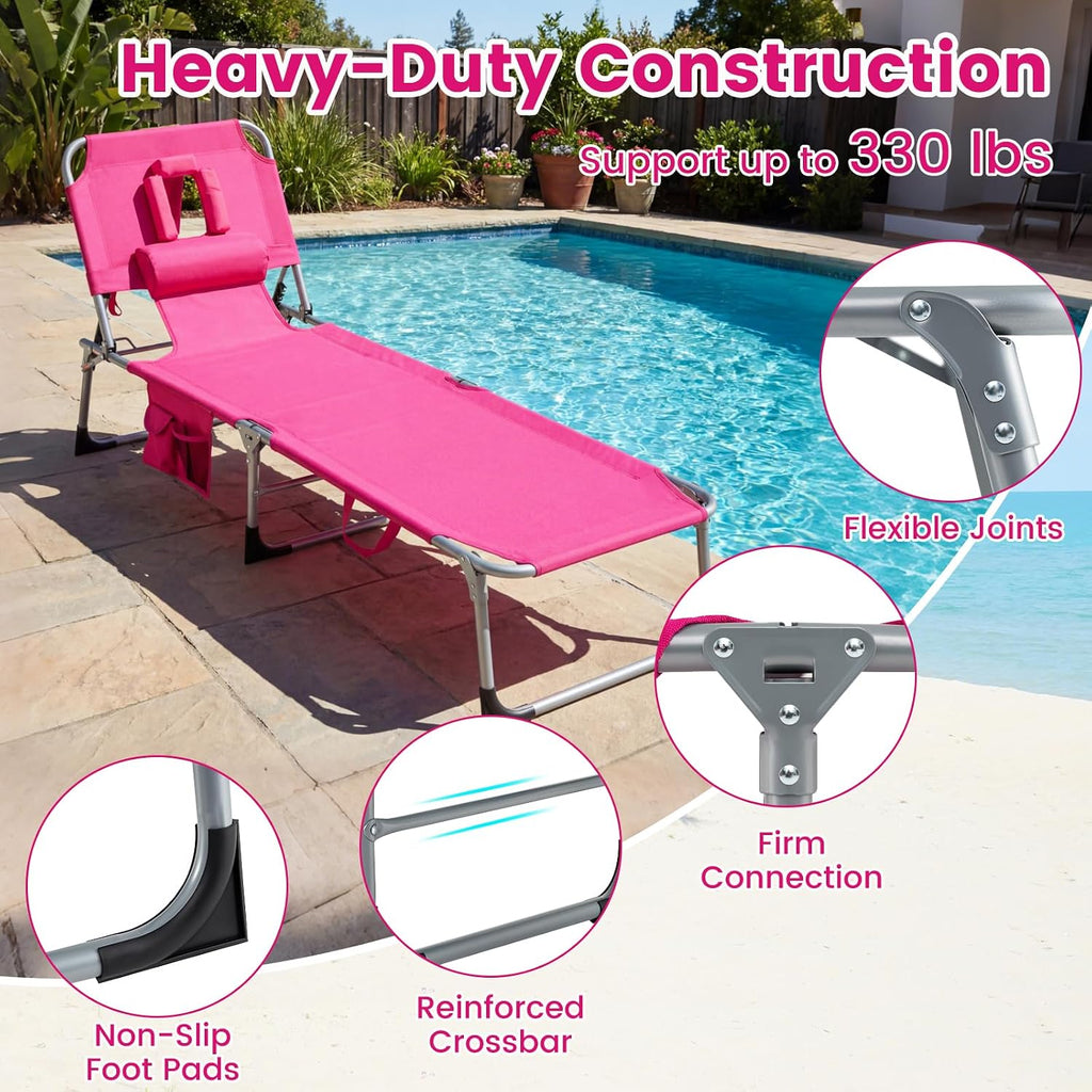 Giantex Face Down Tanning Chair, Folding Beach Lounge Chair w/ 4-Position Adjustable Backrest, Outdoor Sunbathing Lounge Chair w/Face Arm Holes & Storage Pocket for Patio Deck Poolside (2, Pink)