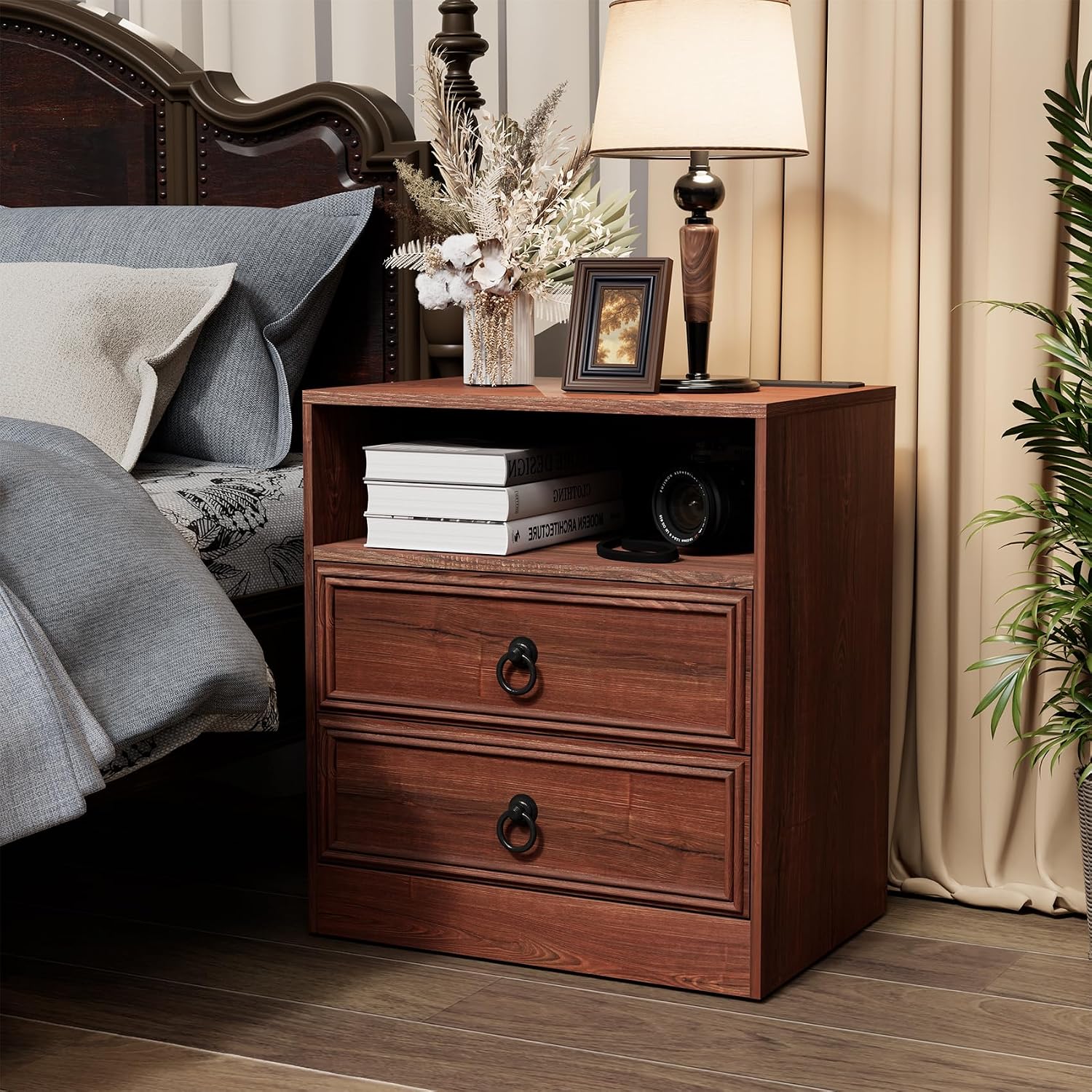 Bigbiglife Farmhouse End Table with Charging Station, 21.7inch Wide Bedside Table for Living Room, Sofa Side Table with Drawers and Open Shelf, Nightstand for Bedroom(Cherry Brown)