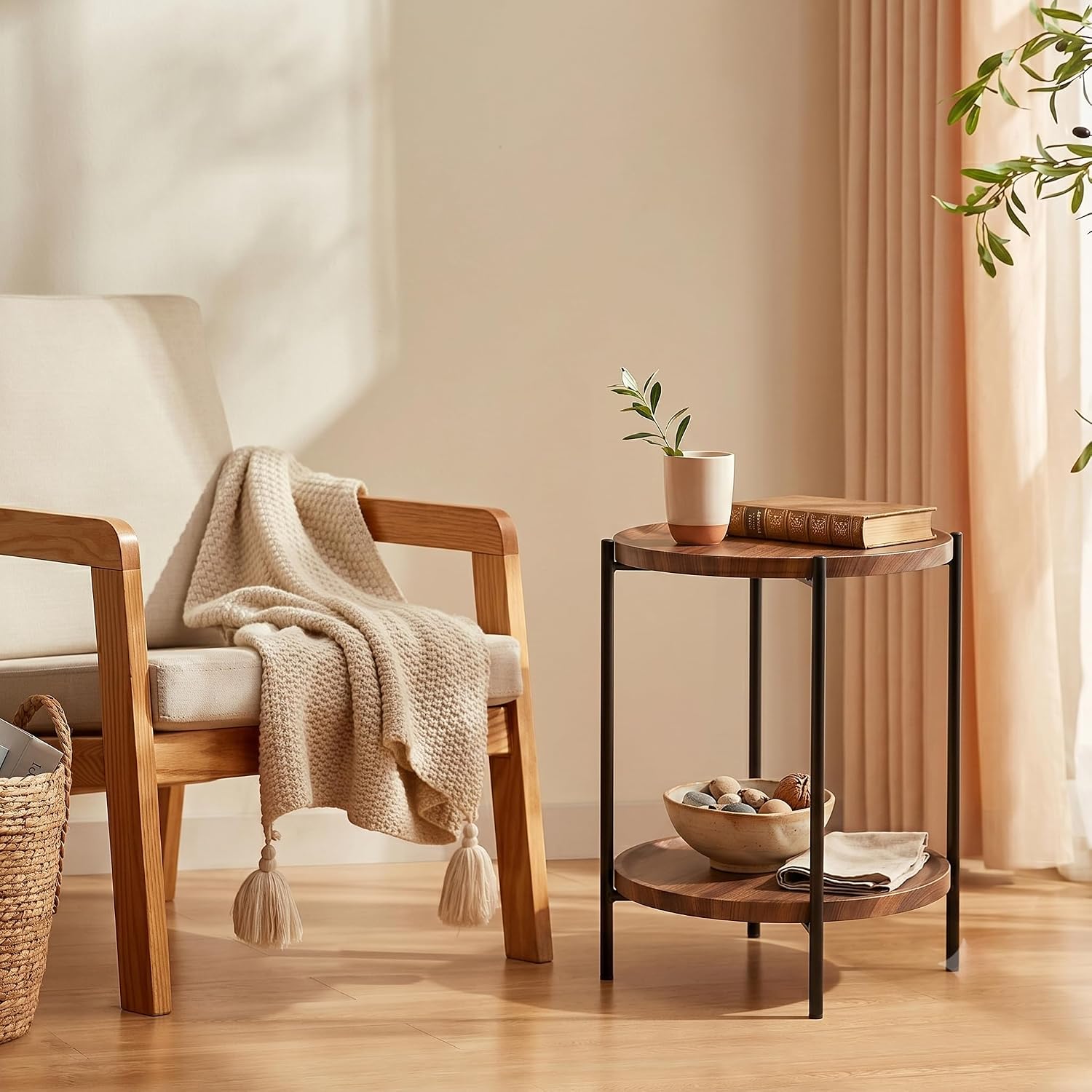 TeoKJ 2 Tier Small Side Table, Folding Round Metal End Table with Two Removable Wooden Tray, No Assembly Nightstand for Bedroom Living Room Bedside Round Bedside Table for Small Spaces, Walnut
