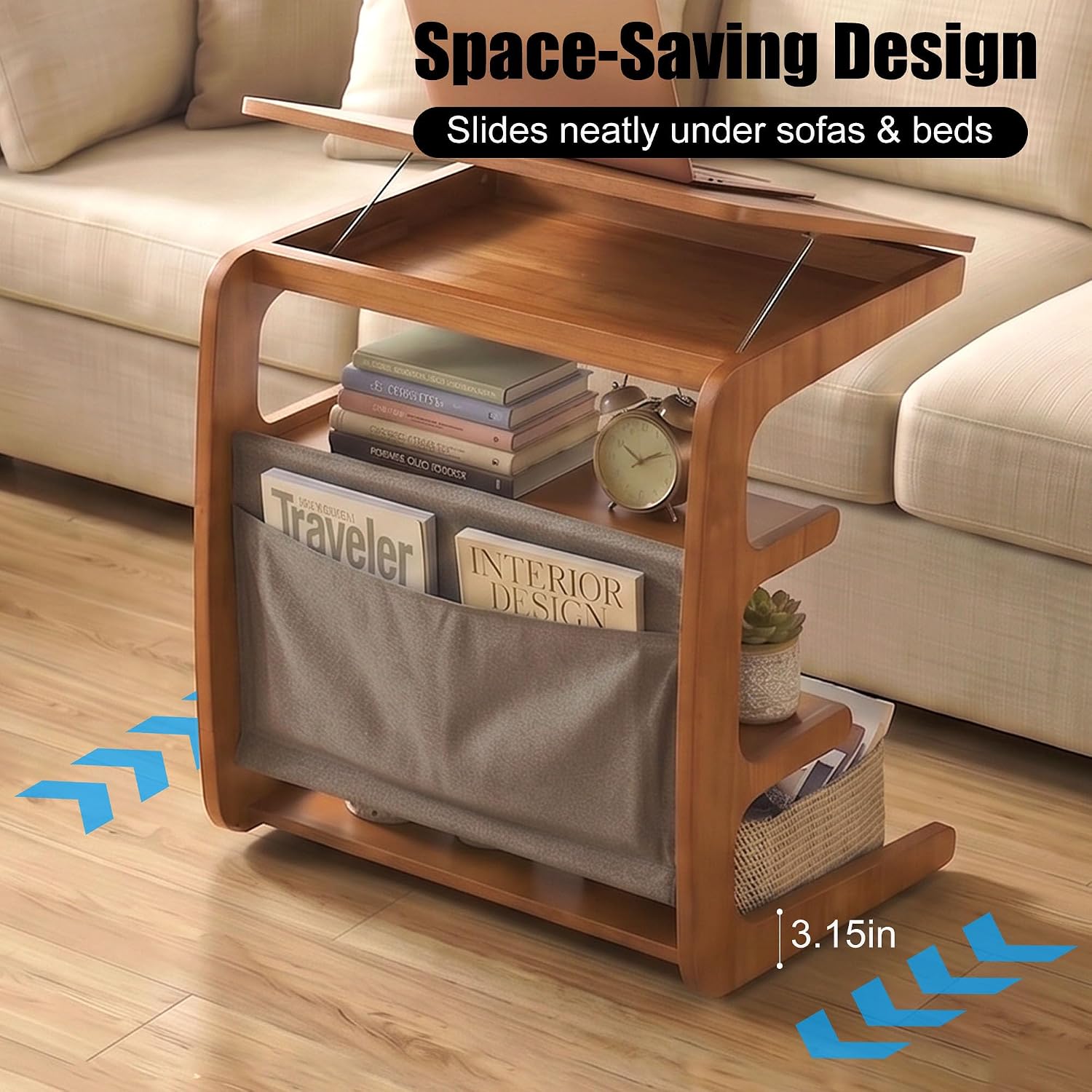 100% Solid Wood C Shaped End Table with Swivel Wheels, Lift Top Couch Table with Storage, Rolling Table that Slide Under Sofa & Bed, 15.75" D x 23.62" W x 24.8" H