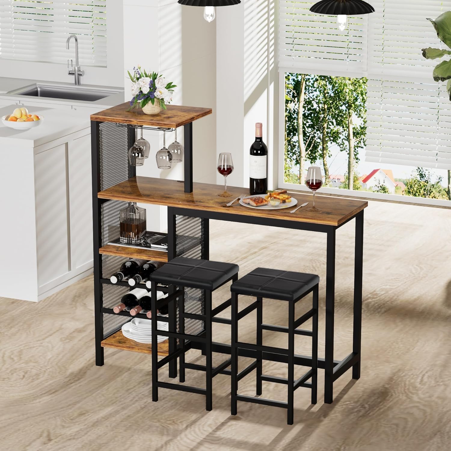VECELO Bar Table and Chairs Set for 2, 3-Piece Dining Set with Storage Shelves, Cup Holder & Wine Rack, PU Leather Cushion Stools, for Kitchen Small Space, Brown