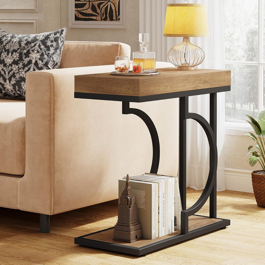 Tribesigns Narrow Side Table for Couch, C Shaped End Table with Metal Frame, Farmhouse Bedside Tables, Small Sofa Tables for Small Spaces, Living Room (1, Natural+Black)