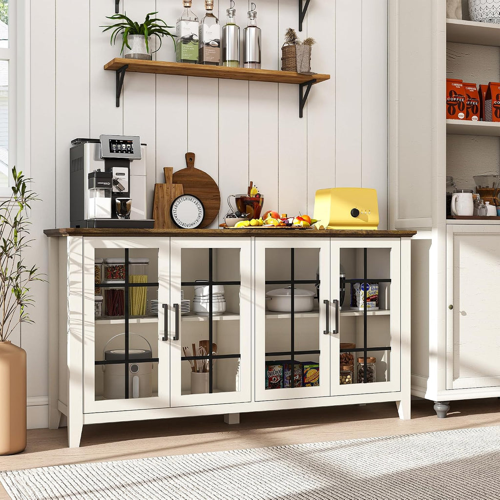 63 Inch Sideboard Buffet Cabinet with 4 Glass Doors, Coffee Wine Bar Storage Cabinet, Modern Buffet Table with Storage for Dining Room, Kitchen, Living Room, Antique White