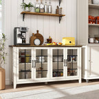 63 Inch Sideboard Buffet Cabinet with 4 Glass Doors, Coffee Wine Bar Storage Cabinet, Modern Buffet Table with Storage for Dining Room, Kitchen, Living Room, Antique White