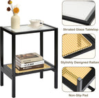 2-Tier Bamboo Side Table, Modern Glasstop Rattan Side Table, Mid Century Wood Sofa-Side End Tables for Living Room, Bedroom Night Stand with Storage, Small Narrow Coffee Tables, Black