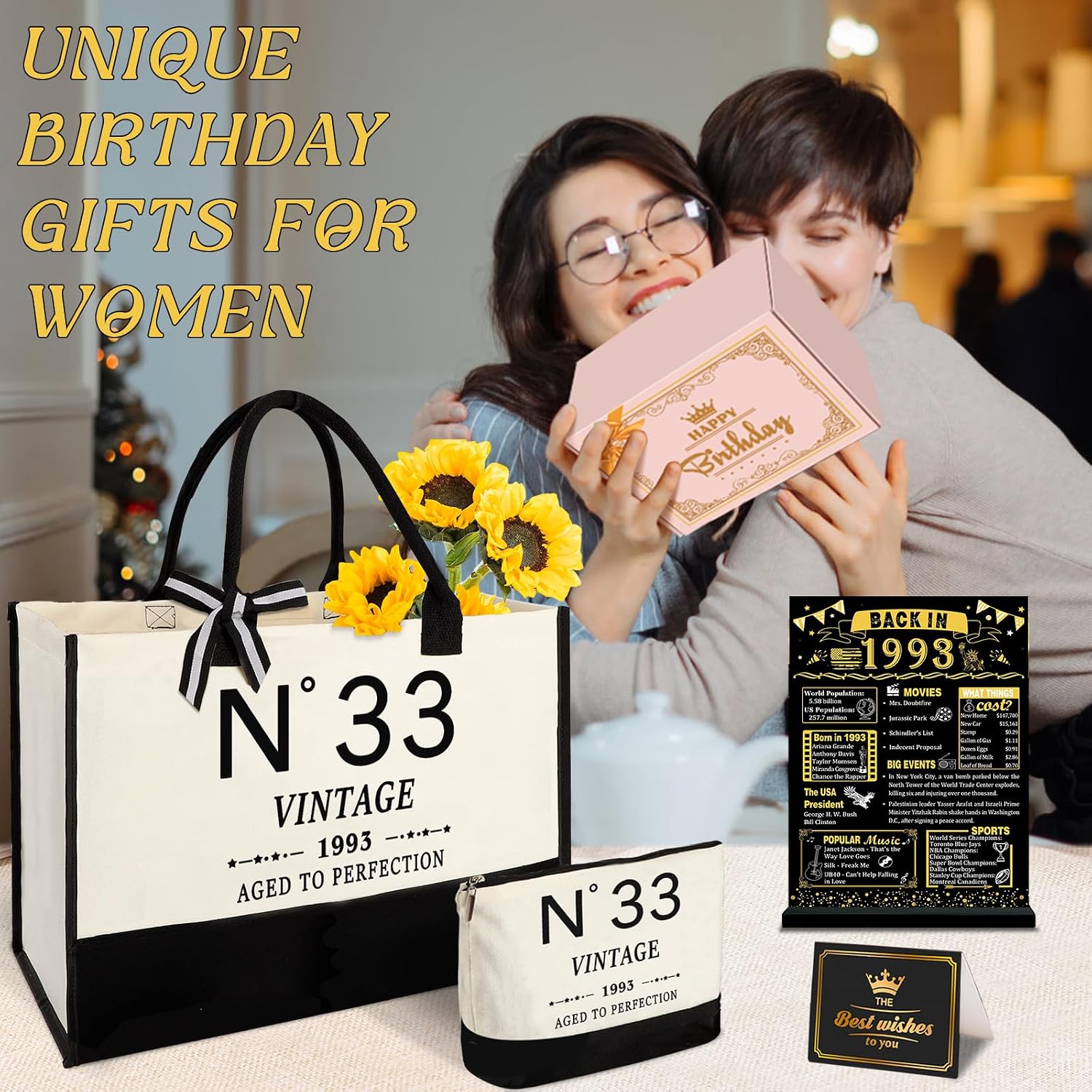 YeohJoy 33rd Birthday Gifts for Women Canvas Tote Bag Travel Gear, Unique 33 Years Old Gifts for Wife Mom Sister Aunt Friends Her, Vintage N°33 Handbag & Cosmetic Bag & Back in 1993 Poster