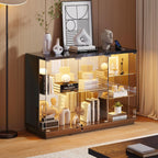 High Gloss Glass Display Cabinet with Lock & LED Light for Toys, Black | Curio Cabinet with Human Body Sensor & Glass Shelves, Display Case for Toys, Books, Collectibles, Sideboard for Living Room