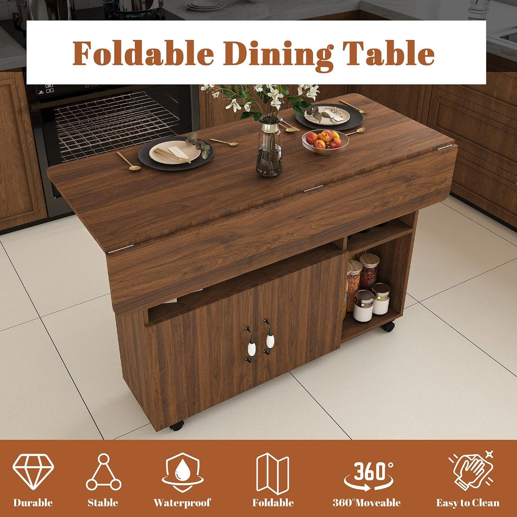 Kitchen Island with Storage, Rolling Kitchen Island on Wheels, 47" Rolling Cart with Drop Leaf, Home Bar Carts with Cabinet for Kitchen (Walnut)