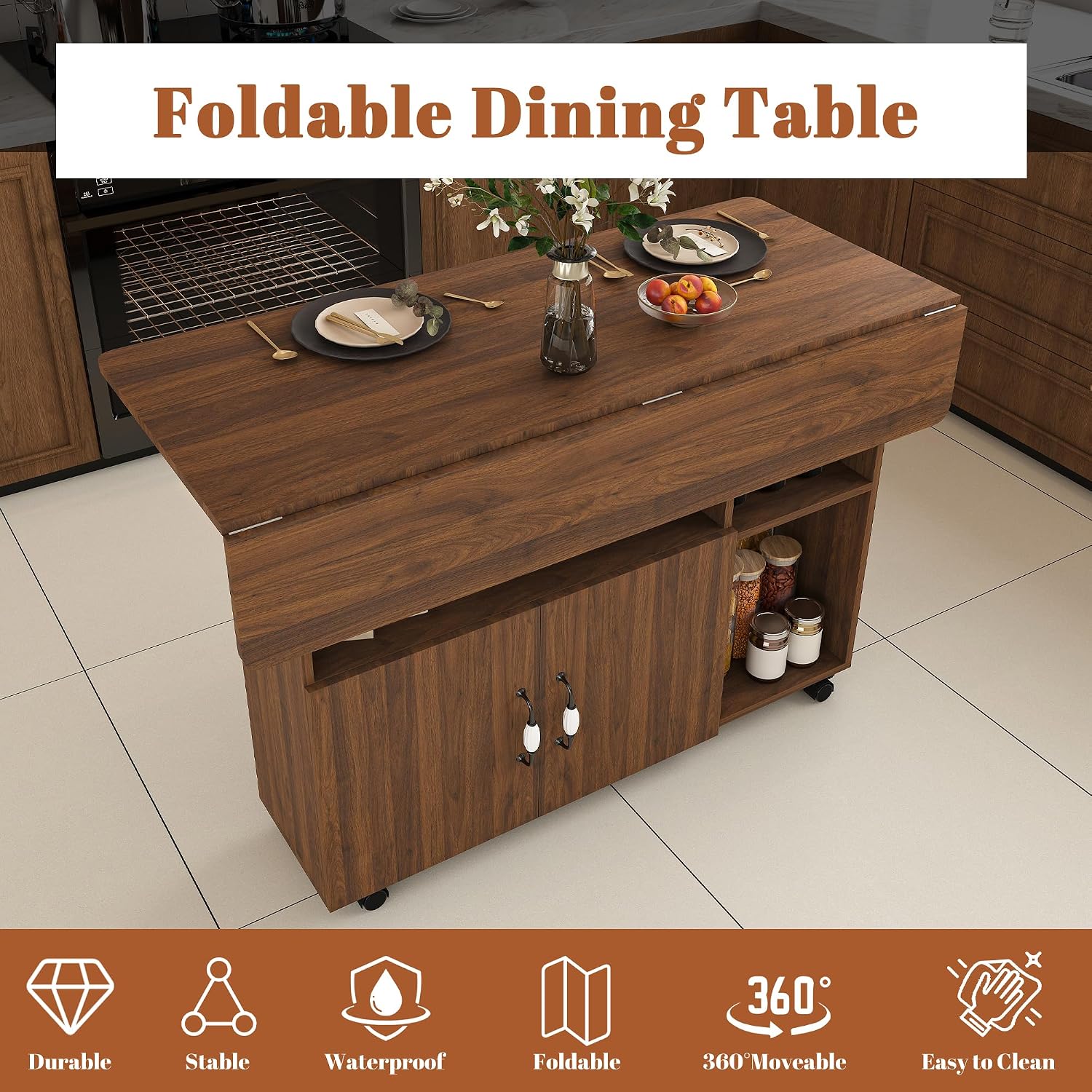 Kitchen Island with Storage, Rolling Kitchen Island on Wheels, 47" Rolling Cart with Drop Leaf, Home Bar Carts with Cabinet for Kitchen (Walnut)