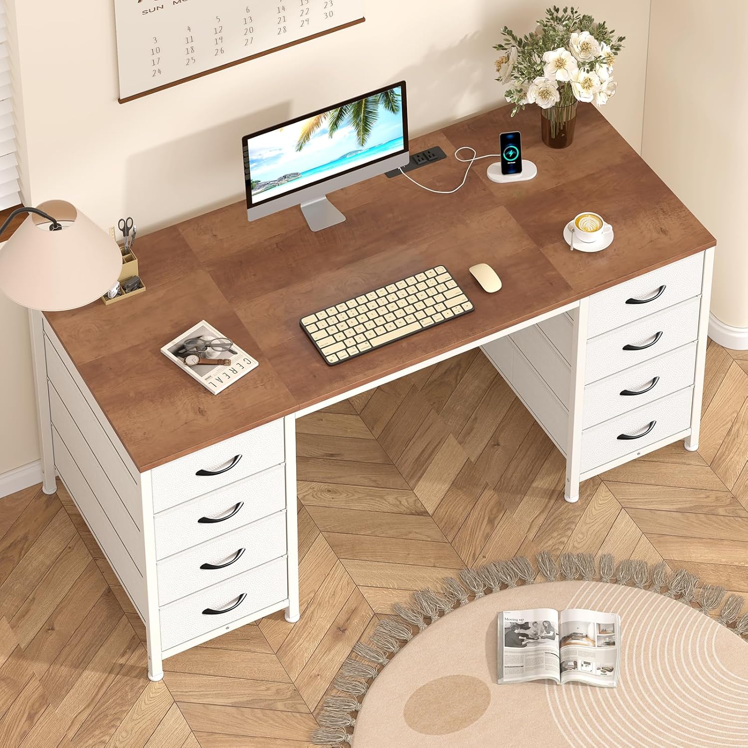 YOMILUVE 50 Inch Computer Desk with 8 Drawers, Home Office Desk with Power Outlets, Work Study Gaming Desk with 8 Fabric Drawers, Brown and White
