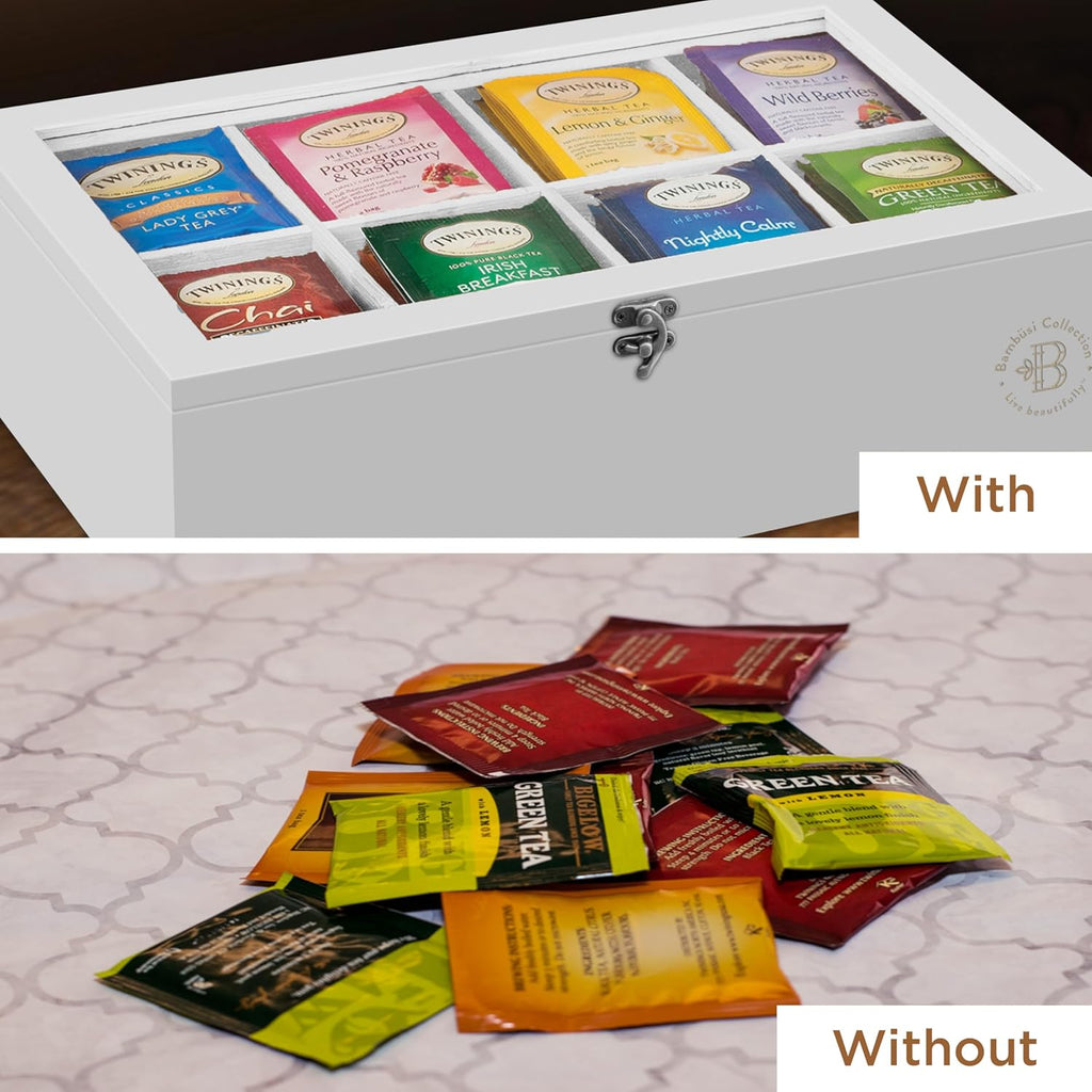 Tea Bag Organizer with Drawer - Bamboo Tea Box Organizer, 8-Compartment Tea Storage Box with Acrylic Lid and Magnetic Closure, Tea Box for Kitchen Counter, Gifts for Mom, Wife, Tea Lovers (White)