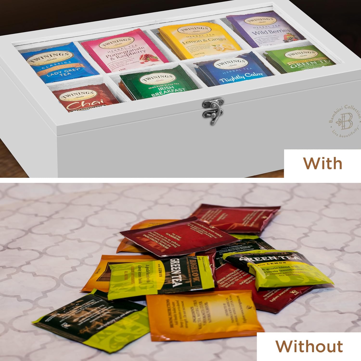 Tea Bag Organizer with Drawer - Bamboo Tea Box Organizer, 8-Compartment Tea Storage Box with Acrylic Lid and Magnetic Closure, Tea Box for Kitchen Counter, Gifts for Mom, Wife, Tea Lovers (White)