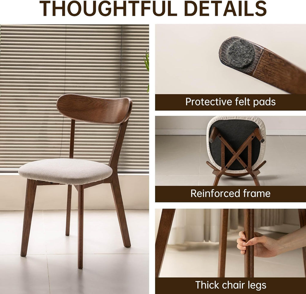 100% Solid Wood Upholstered Dining Chairs, Mid Century Modern Oak Dining Chairs with Curved Back Design with Butterfly Wing Shape for Kitchen, Dining Room, Restaurant (6, Walnut Color-Beige Cushion)