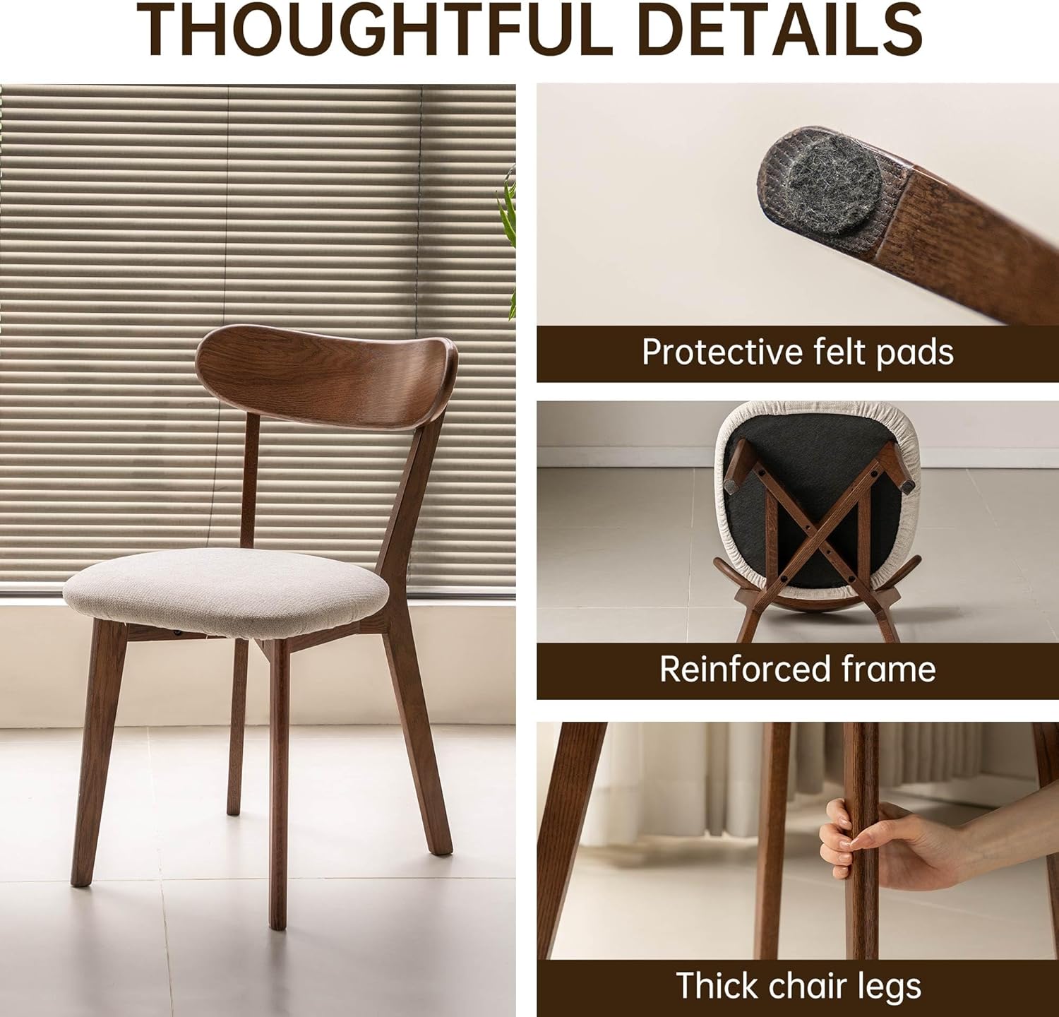 100% Solid Wood Upholstered Dining Chairs, Mid Century Modern Oak Dining Chairs with Curved Back Design with Butterfly Wing Shape for Kitchen, Dining Room, Restaurant (6, Walnut Color-Beige Cushion)