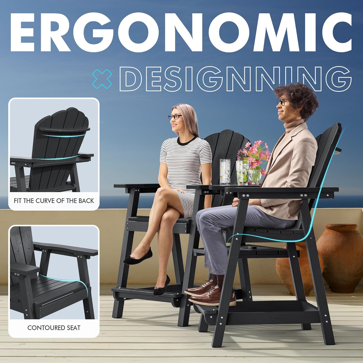 PatioPerk Tall Adirondack Chair Set of 2 with Double Connecting Tray, Recycled HDPE with Wood Grain, Weather Resistant, Outdoor Adirondack Chairs for Deck, Balcony, Patio, Backyard, Black