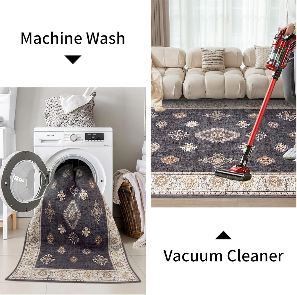 ILANGO Washable Area Rugs 5x7 for Living Room Vintage Area Rugs Non Slip Boho Dining Room Rugs for Under Table Ultra-Thin Low-plie Floor Carpet for Bedroom Farmhouse