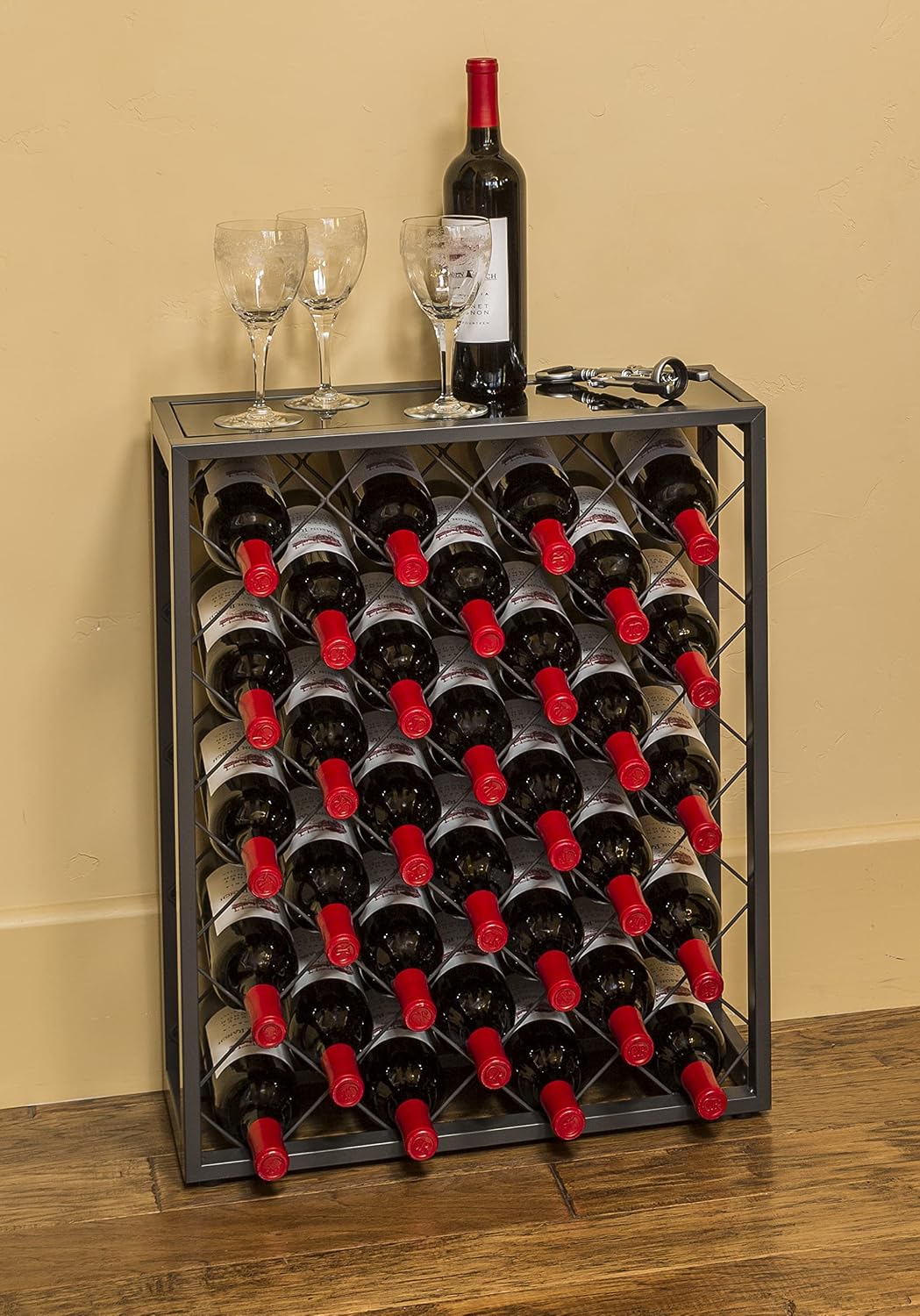 Mango Steam 32 Bottle Wine Rack with Black Glass Top Shelf, Free Standing for Home, Kitchen and Bar