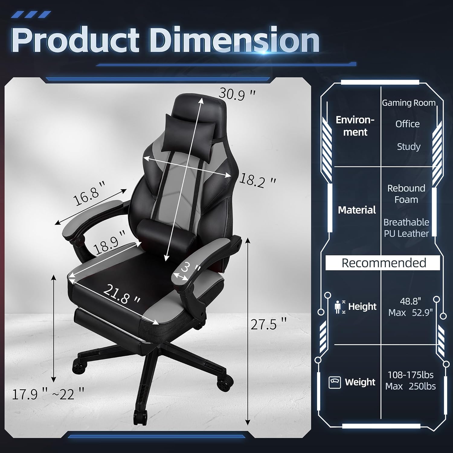 DL-win Gaming Chair for Adults with Footrest, Ergonomic Computer Gamer Chair with Massage Lumbar Support, High Back Reclining Gaming Chair, Adjustable Swivel Desk Chair for Home Office, Grey