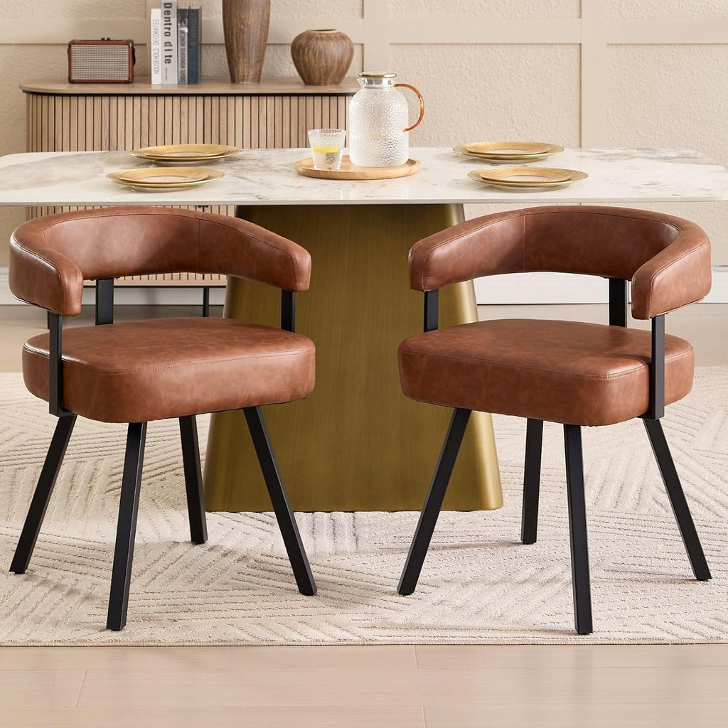LukeAlon PU Leather Dining Chairs Set of 2, Simple Upholstered Side Chair with Padded Open Barrel Back Modern Guest Chair Home Office Desk Chairs with Black Metal Legs for Kitchen Dining Room, Brown