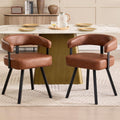 LukeAlon PU Leather Dining Chairs Set of 2, Simple Upholstered Side Chair with Padded Open Barrel Back Modern Guest Chair Home Office Desk Chairs with Black Metal Legs for Kitchen Dining Room, Brown