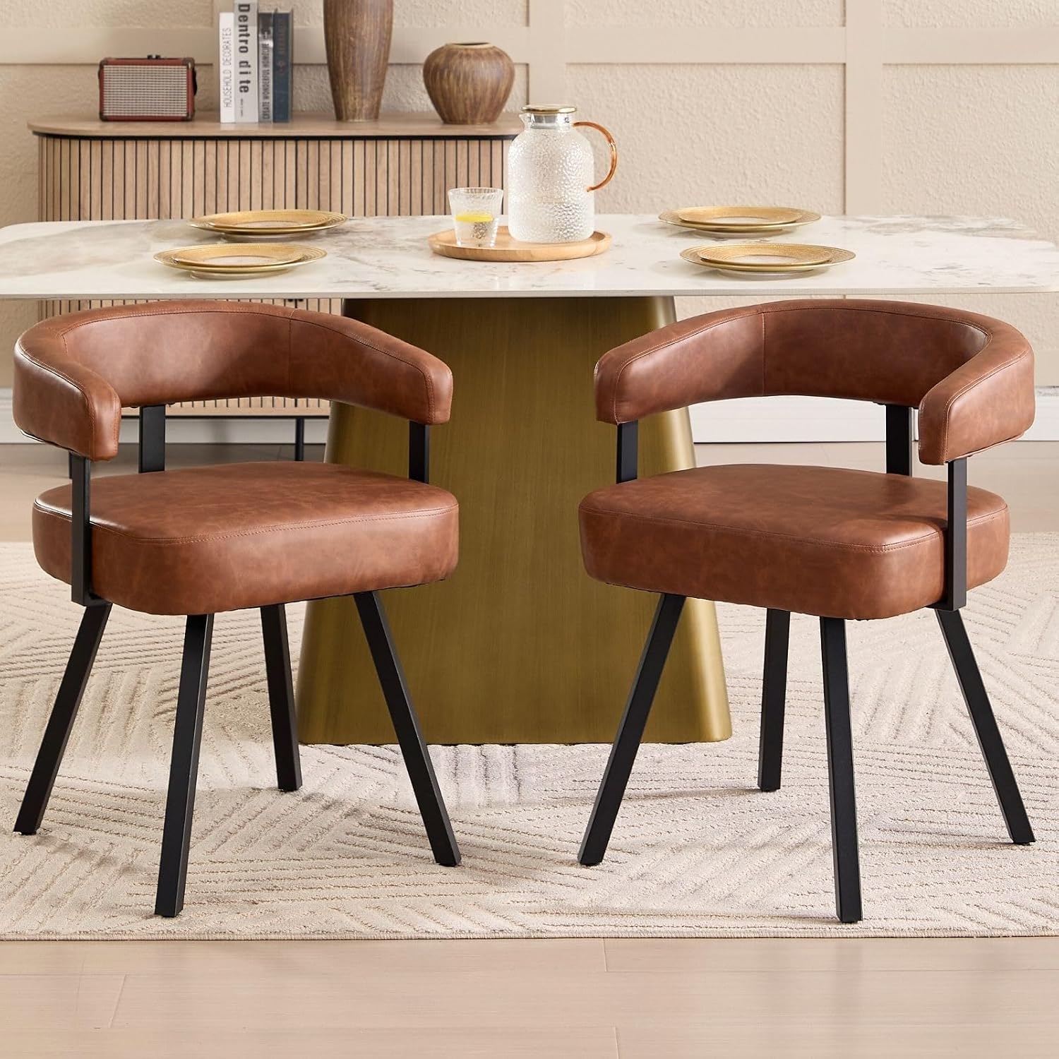 LukeAlon PU Leather Dining Chairs Set of 2, Simple Upholstered Side Chair with Padded Open Barrel Back Modern Guest Chair Home Office Desk Chairs with Black Metal Legs for Kitchen Dining Room, Brown