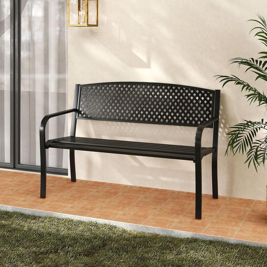 Giantex Metal Outdoor Bench with Mesh Pattern Backrest, Curved Armrests, Load 660Lbs, Slatted Seat for 2-3 Persons, Heavy-Duty Garden Bench for Patio, Backyard, Poolside, Porch, Park (50"×24"×33.5")