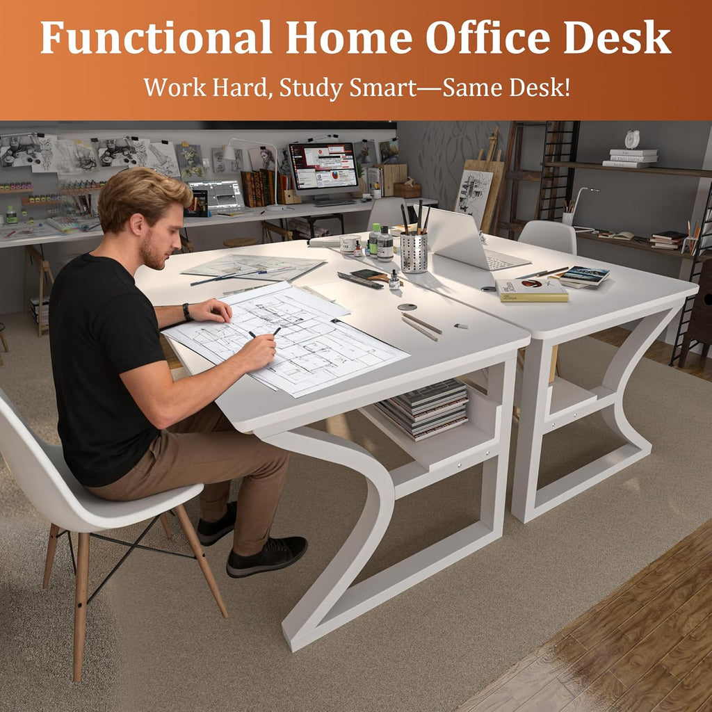 47 inch Computer Desk, Home Office Desk with Storage Shelf, Sturdy U-Shaped Metal Frame Study Table with Cable Management, Gaming Desk for Office & Bedroom, White
