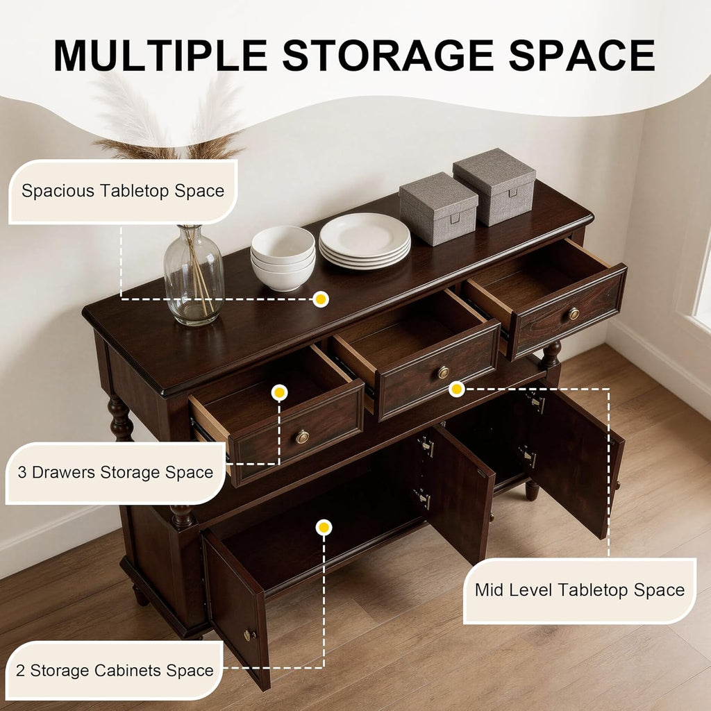 45.3'' Solid Wood Console Table, Retro Sofa Table with 3 Drawers & 2 Cabinet, Long Behind Couch Accent Table Console Table Narrow Entryway Table for Living Room, Foyer, Hallway