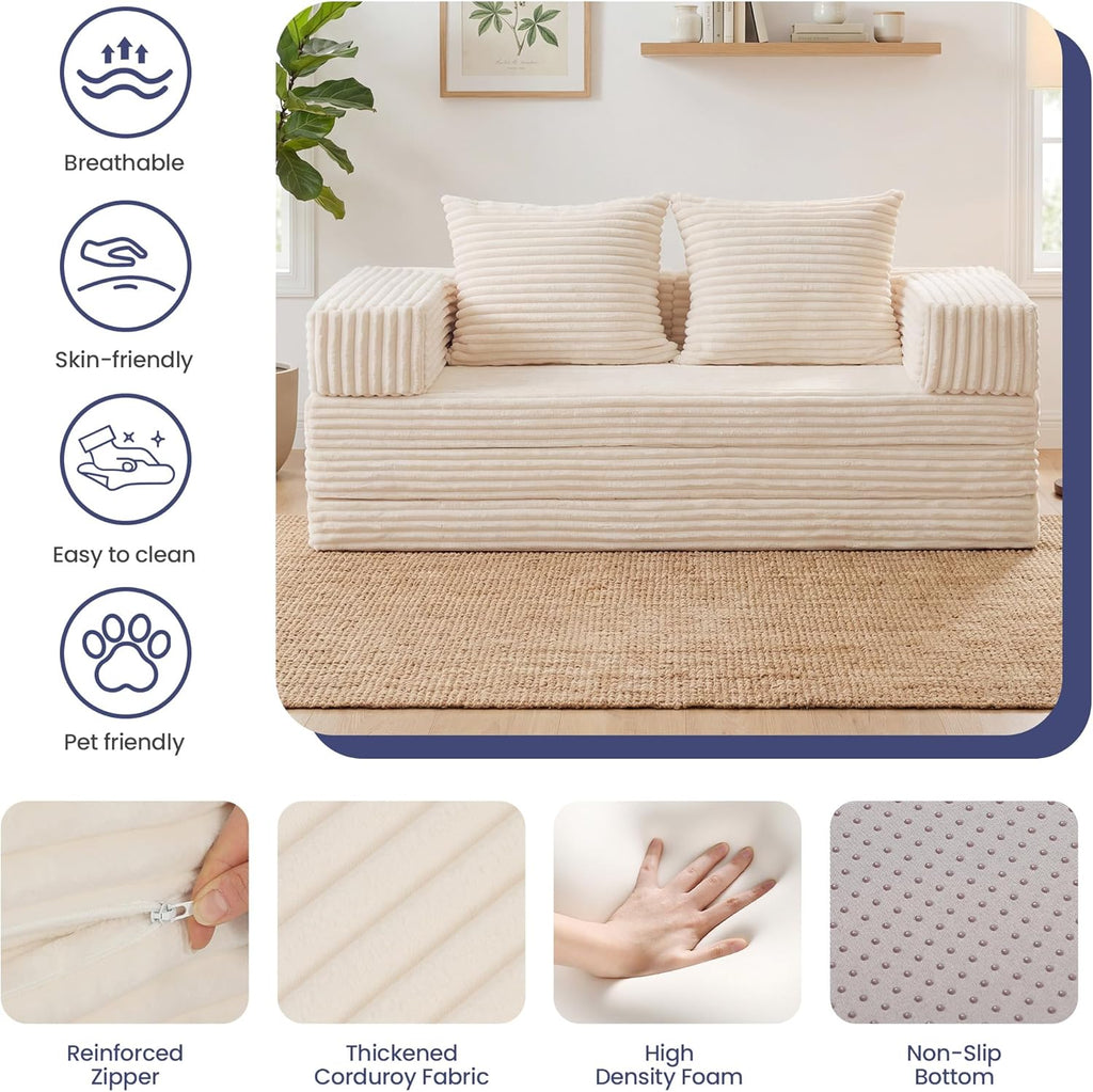 Convertible Sofa Bed, 4-in-1 Boneless Loveseat with Removable Armrests Backrest, Corduroy Futon Couch Bed with Pillow, Foldable Mattress Sleeper Sofa for Living Room Bedroom Small Place (Beige)