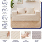 Convertible Sofa Bed, 4-in-1 Boneless Loveseat with Removable Armrests Backrest, Corduroy Futon Couch Bed with Pillow, Foldable Mattress Sleeper Sofa for Living Room Bedroom Small Place (Beige)
