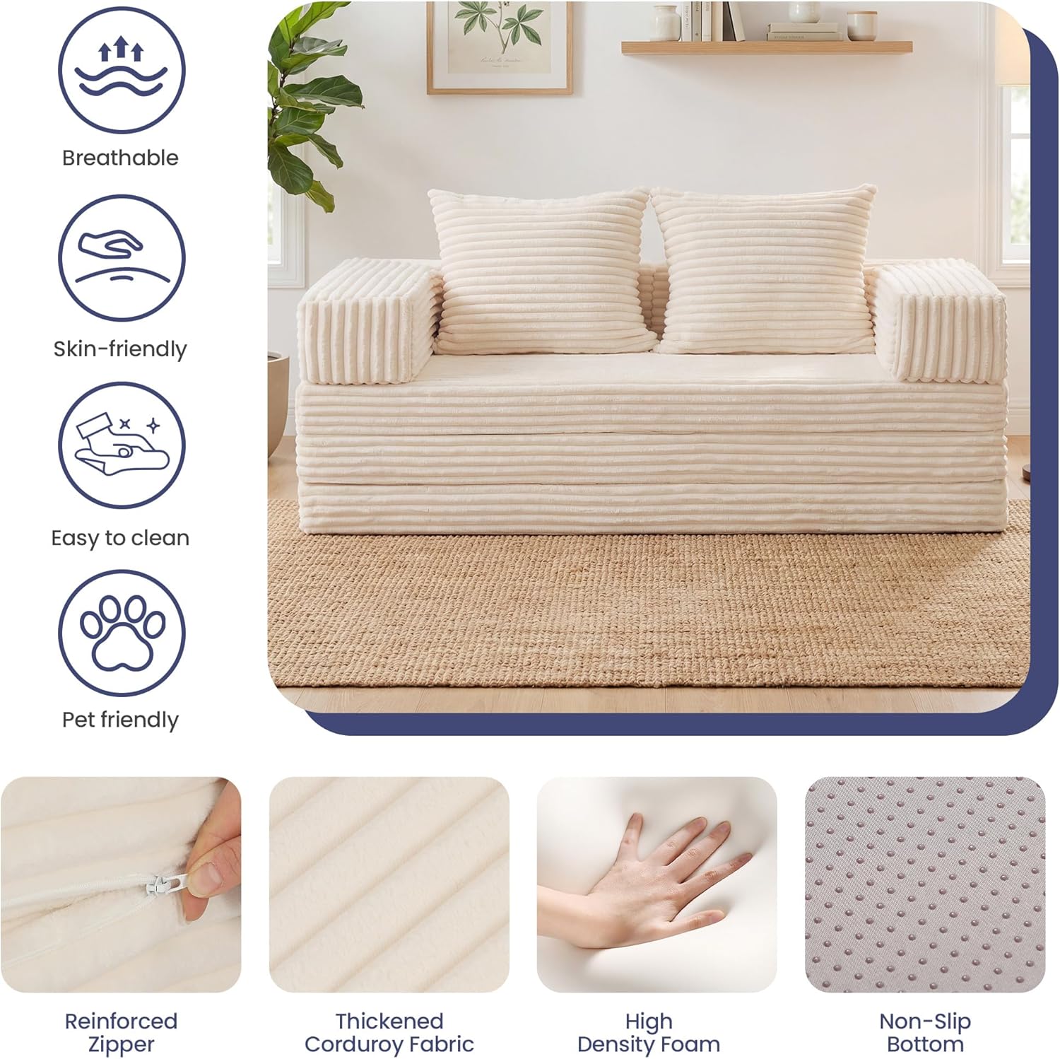 Convertible Sofa Bed, 4-in-1 Boneless Loveseat with Removable Armrests Backrest, Corduroy Futon Couch Bed with Pillow, Foldable Mattress Sleeper Sofa for Living Room Bedroom Small Place (Beige)