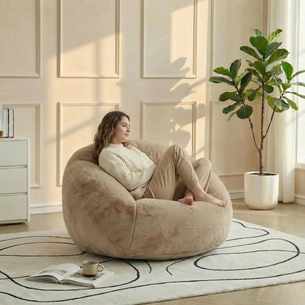 MOJAY Bean Bag Chair for Adults, Floral Shaped Bean Bags, Deep Sink-in Breathable Memory Foam Teen Bean Bag Chair, Easy to Clean Faux Fur Bean Bag Sofa, Comfy Chair for Living Room & Dorm (Camel)