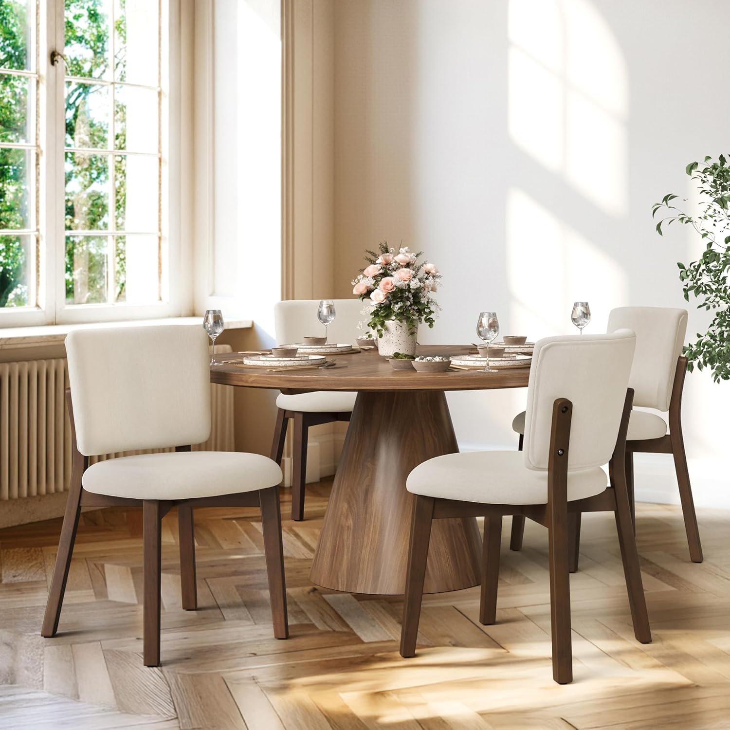 LUE BONA Wooden Dining Chairs Set of 4, Comfortable Wide Back Kitchen Side Chairs, Strong Thick Legs for Modern Farmhouse Dining Room, Linen Upholstered and Dark Brown Legs