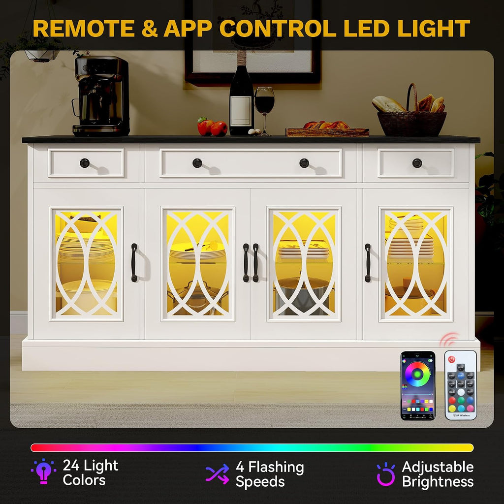 DWVO 65" Buffet Cabinet with 4 Glass Doors Storage, Sideboard Cabinet with 3 Drawers, Coffee Bar with Adjustable Shelves for Kitchen, Living Room, White