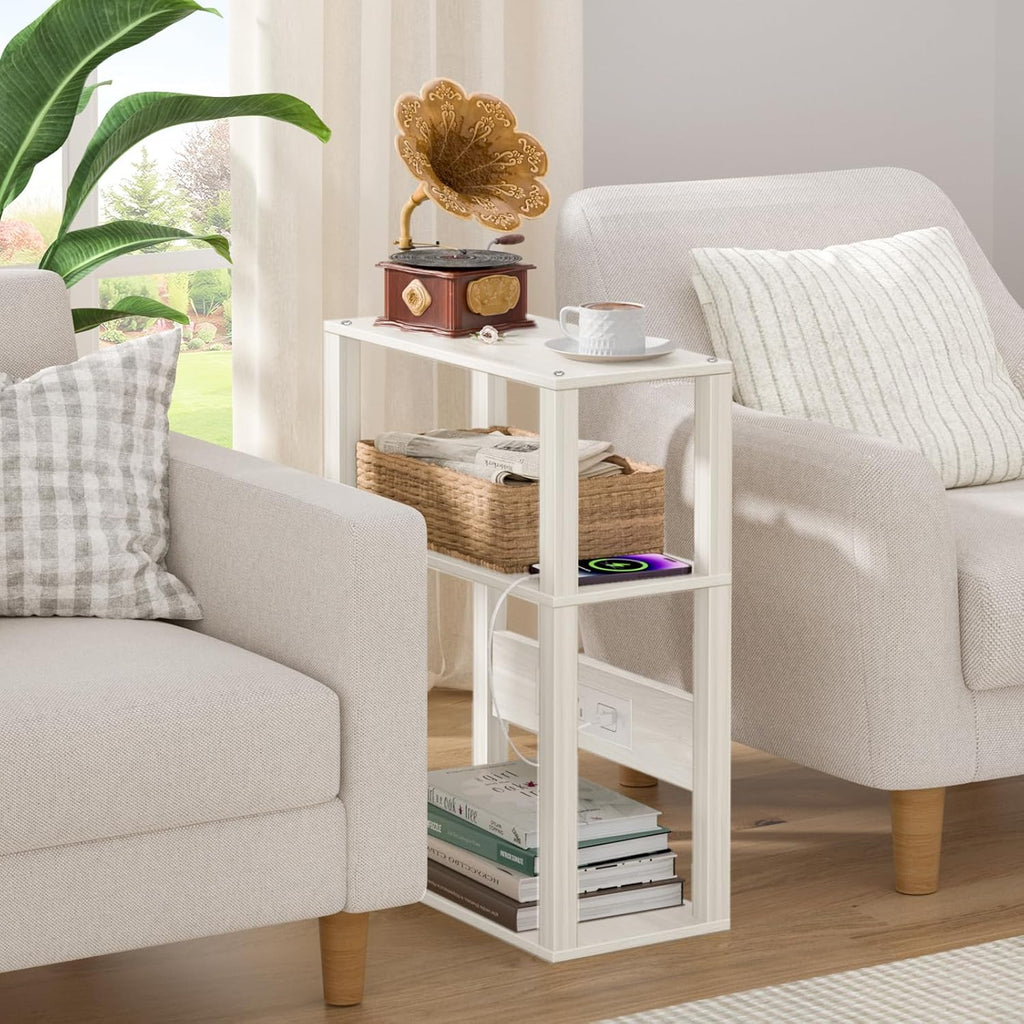 YUFAM 3-Tier Small Narrow Wood Side Table with Charging Station, Skinny Nightstand for Small Space, Slim Bedside Table with Storage for Couch, Thin End Table with USB Ports and Outlets, Grey White