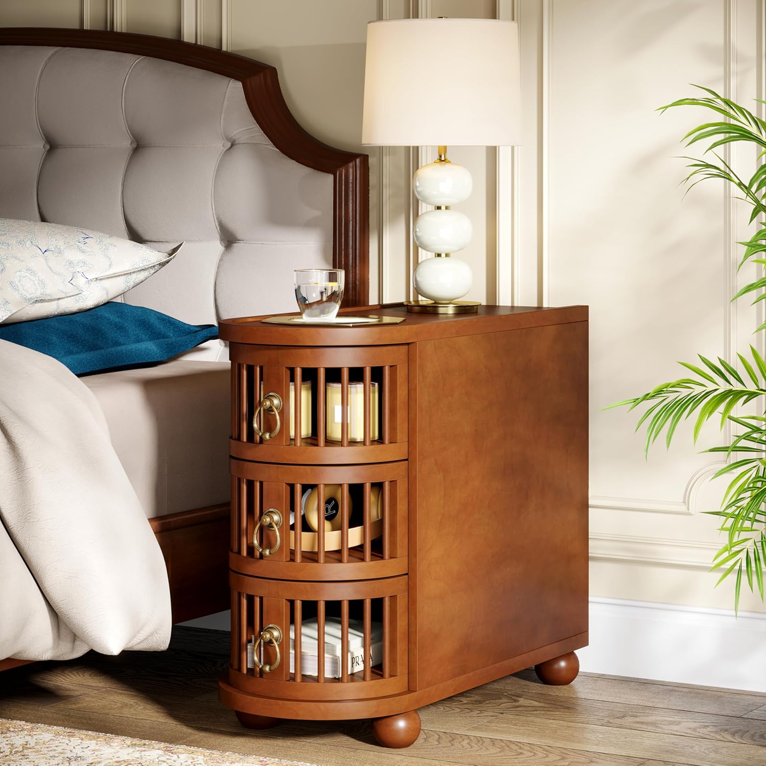 No Assembly Required 3-Drawer Wood End Table with Grooved Hollow Drawers and Premium Solid Wood Original Legs (1, Brown)
