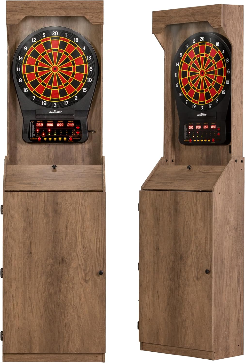 Arachnid Rustic Wood Cabinet: Freestanding LED Unit with E650 Electronic Board. Features 33 Games, 303 Variations, and 8-Player Scoring. Includes 6 Darts and Accessories for a Complete Setup.