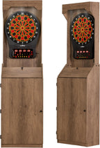 Arachnid Rustic Wood Cabinet: Freestanding LED Unit with E650 Electronic Board. Features 33 Games, 303 Variations, and 8-Player Scoring. Includes 6 Darts and Accessories for a Complete Setup.