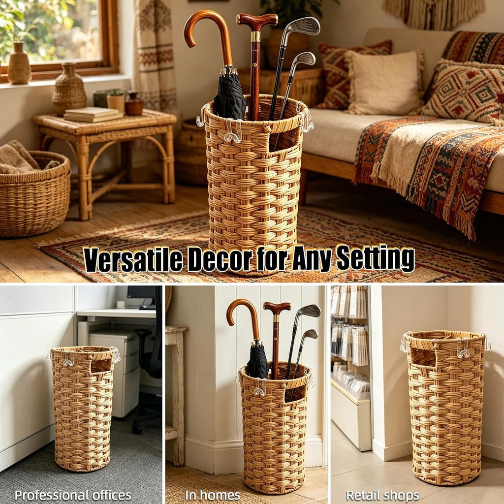 Rattan Umbrella Stand with Drip Tray - Hand Woven Freestanding Entryway Umbrella Holder, Small Rattan Rack Organizer with 4 Hooks for Folding Umbrellas & Canes, 7.5" L x 7.5" W x 16.5" H
