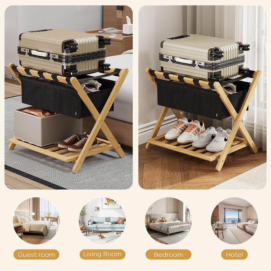 Full Assembled 26.77"L Luggage Rack for Guest Room, Set of 2 Foldable Suitcase Stand with 5 Nylon Straps & Cloth Bag, Luggage Stand Holder with Shoe Shelf for Suitcases Hotel (Natural Wood Bamboo)