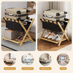 Full Assembled 26.77"L Luggage Rack for Guest Room, Set of 2 Foldable Suitcase Stand with 5 Nylon Straps & Cloth Bag, Luggage Stand Holder with Shoe Shelf for Suitcases Hotel (Natural Wood Bamboo)