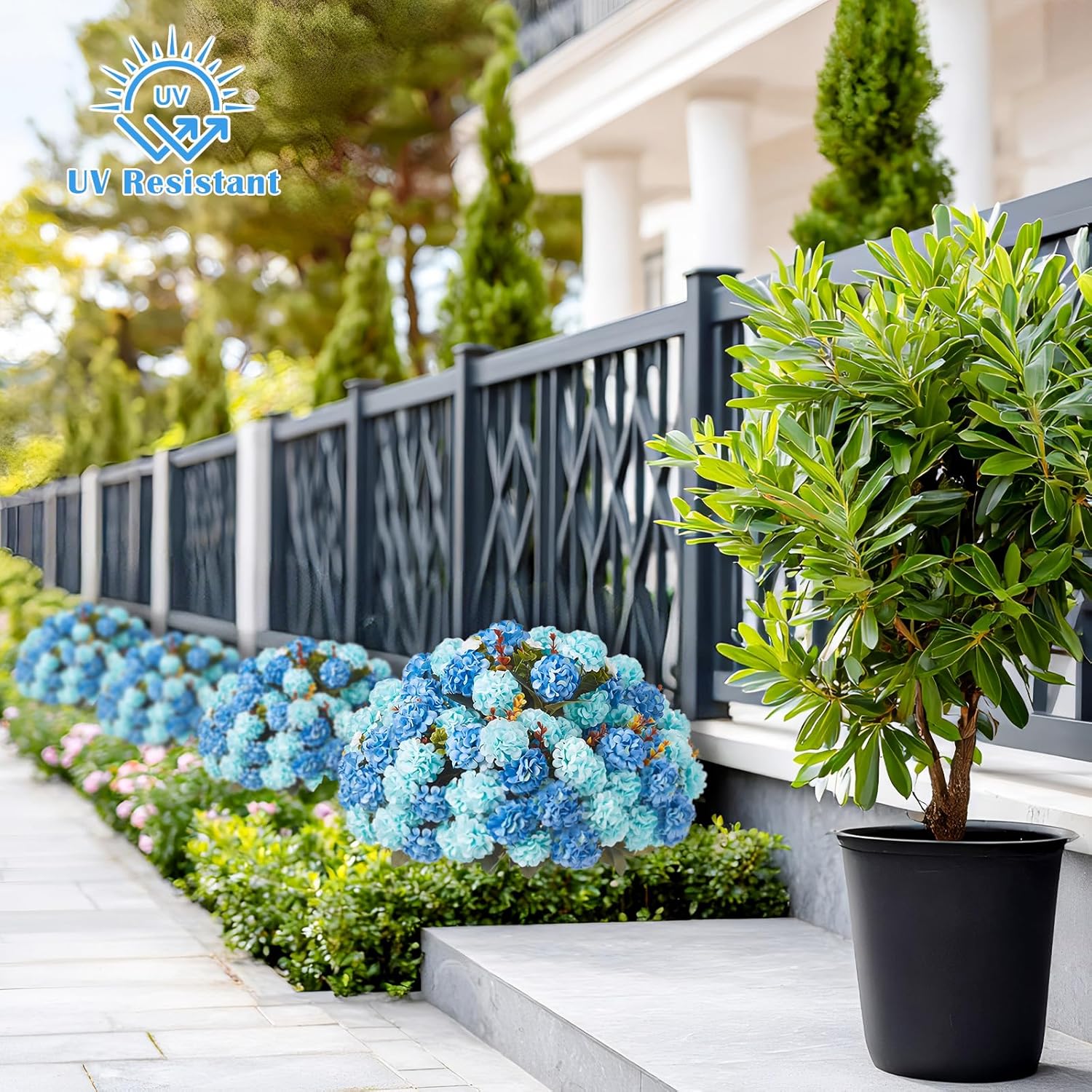 Suncalla 2 Set Turquoise Blue Artificial Topiary Ball Trees with Hydrangea Flower, 19.7" UV Resistant Outdoor Artificial Plants with Ground Spike for Planter Front Door Home Indoor Porch Patio Decor