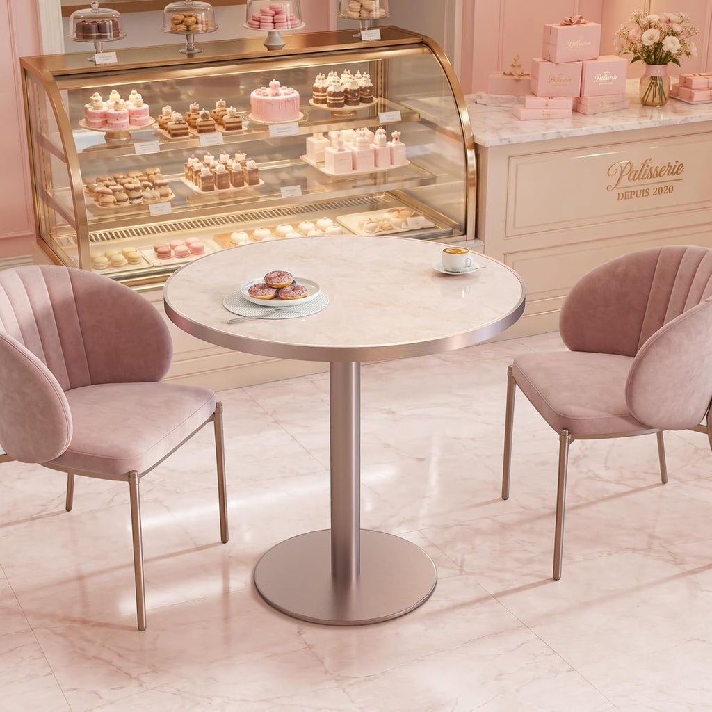 31.5'' Tulip Table, Round Dining Table with Glossy Sintered Stone Tabletop | Rose Gold Aluminum Alloy Edge & Pedestal, Small Bistro Table for Dining Room/Café/Small Spaces/Restaurant (Blush Onyx)
